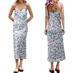ZARA Romantic Floral Print Midi Side-Tie Satin Slip Dress